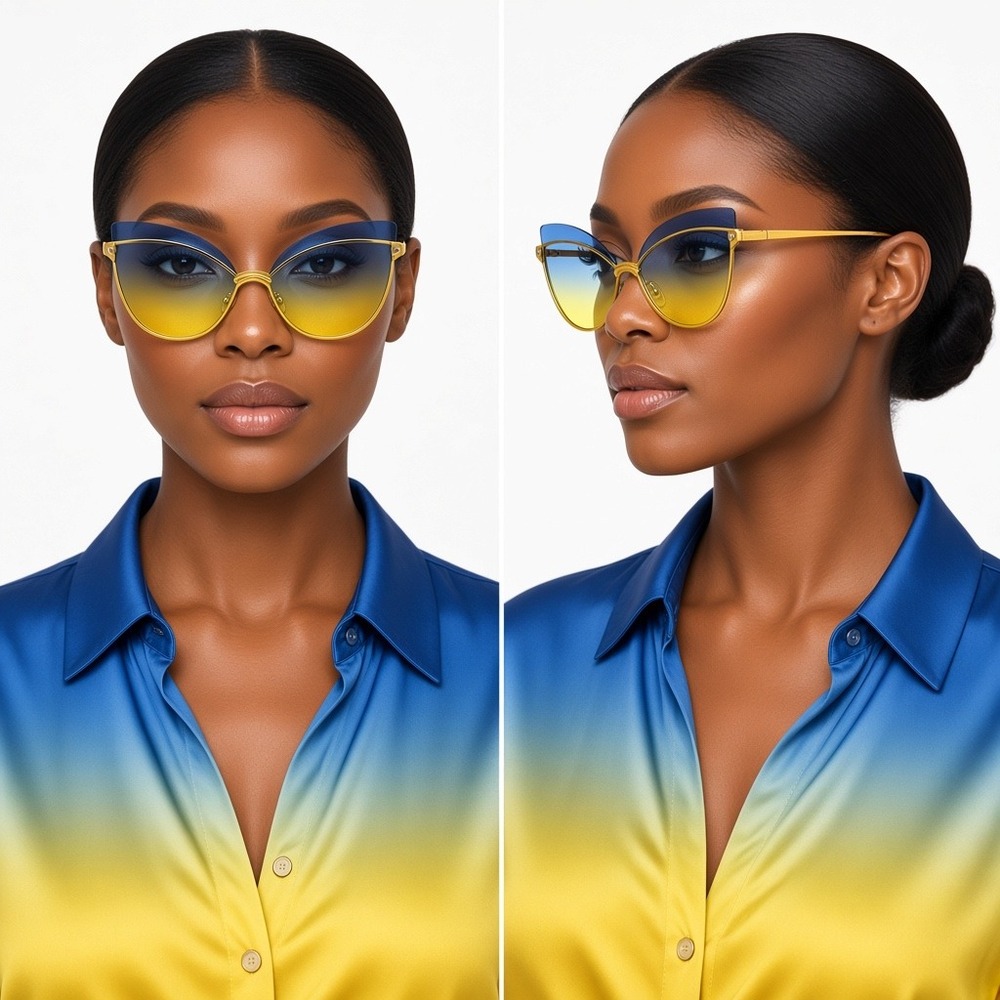 Womens Oversized Gold Cat Eye Sunglasses Blue Yellow Gradient Shades UV400 Gafas